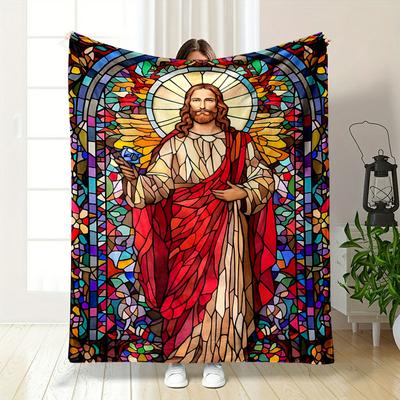 Jesus Stained Glass Pattern Blanket Bedroom Blanket for Livingroom Couch Lunch Break Soft Throw for Friend's Festival Gift