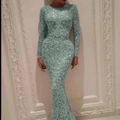 European And American Spring New Women'S Clothing Bronzing Long-Sleeved Slim-Fitting Sexy Long Dress Evening Dress Women