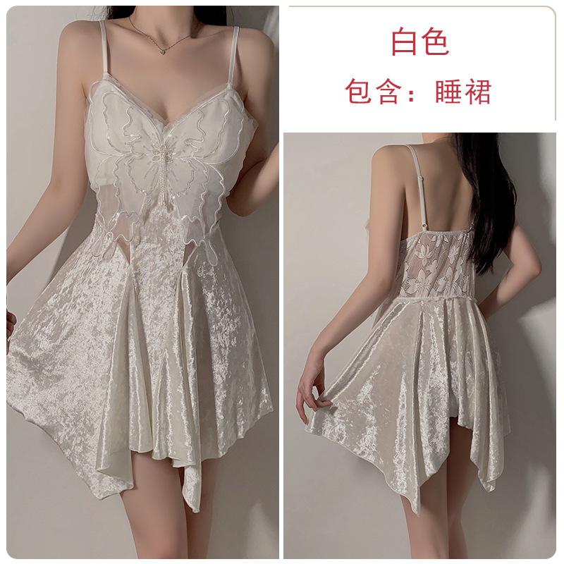 Women's Velvet Butterfly Mesh Padded Cami Sleep Dress with Robe Lounge Set