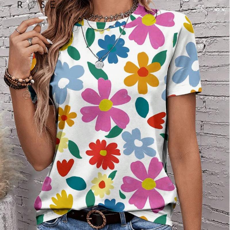 Женская летняя футболка с цветочным принтом в стиле ретро, футболки с коротким рукавом, повседневные топы с принтом 4XL белый