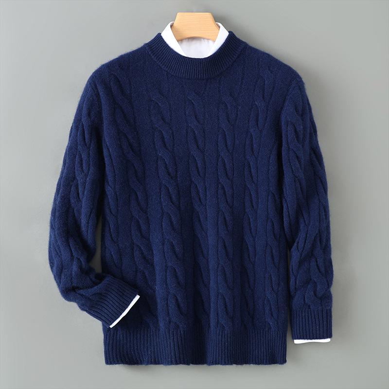 

Men s Autumn/Winter Wool Cable Knit Sweater - Half-High Neck, Thickened, Seven-Stitch Double-Strand Design Double Extra Large темно-синього кольору