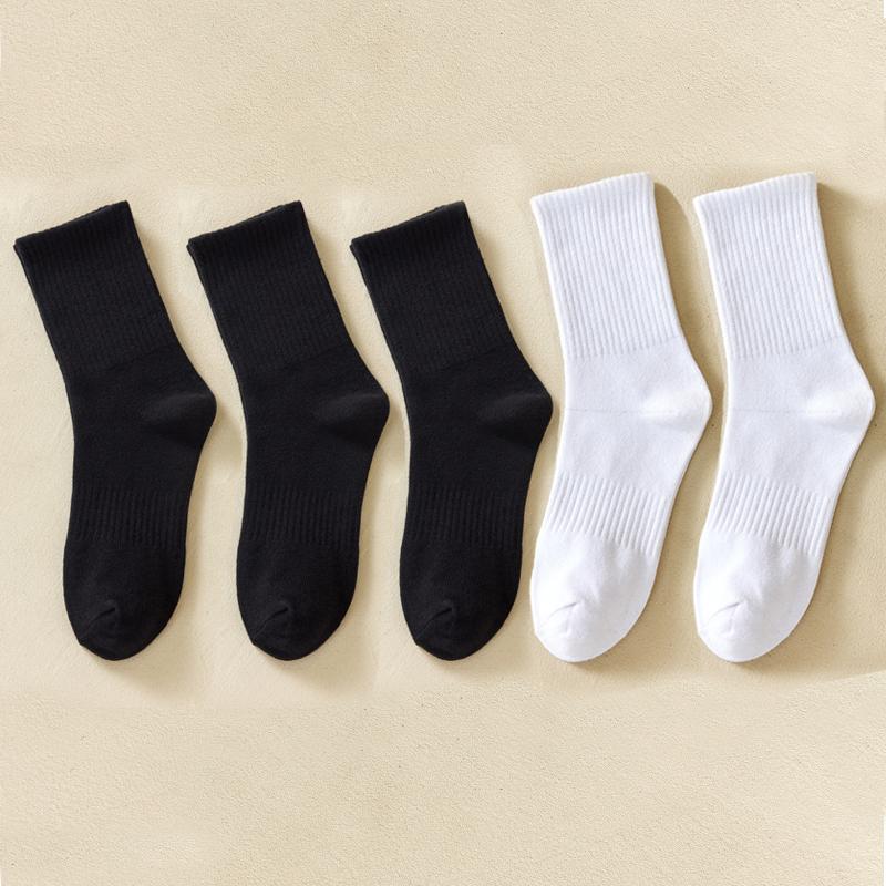 Soild Cotton Sports Socks Mid Calf Black White Stockings Soft Breathable Athletic Socks Soft Comfortable Solid Hosiery