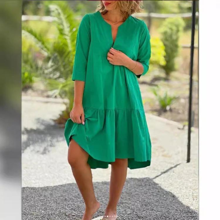 

Women Summer Casual Cotton Short Sleeve V Neck Lightweight Breathable Loose Solid Ruffled Midi Beach Vacation Dress 5XL зелёный
