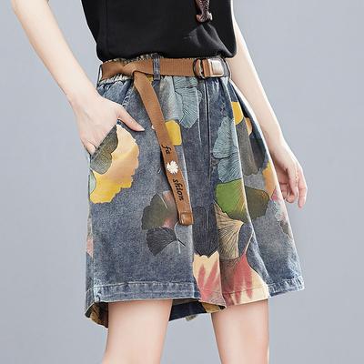 Pantaloni Estivi da Donna Coreani Sottili in Denim Stampato a Gamba Larga Cinque Punti