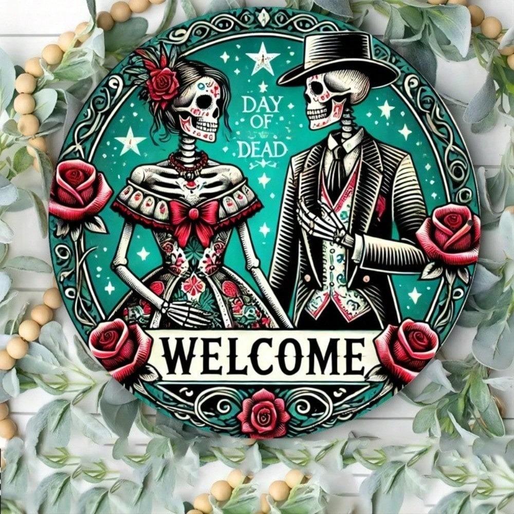 Vintage Day of the Dead Metal Sign 8x8 Inch Round Tin Plaque for Home Bar Wall Decor