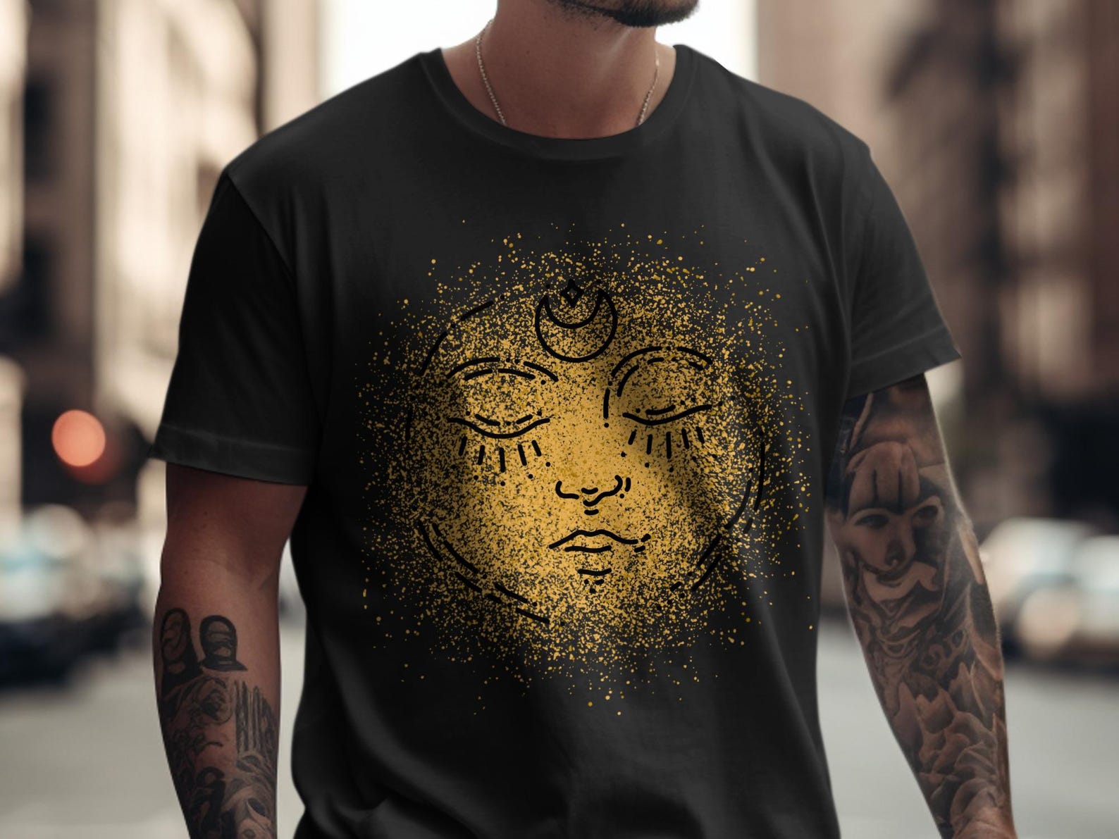 Celestial Sun Moon Face T-Shirt: Mystical Gold Splatter Boho Graphic Tee 4XL
