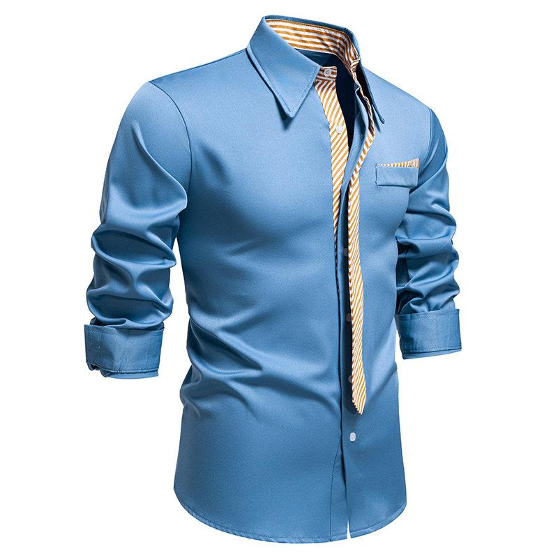 Autumn Men's Fake Tie Long Sleeve Shirt Men New Fashion Special Design Solid Shirts Male Versatile Casual Social Wedding Party