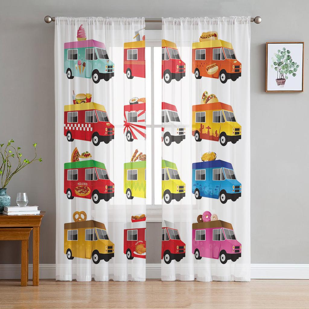 Cartoon Fire Truck Ambulance Police Car Tulle Curtains Living Room Decoration Chiffon Voile Kitchen Bedroom Curtain With Light Filtering Polyester