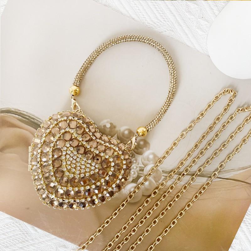 Mini Heart-Shaped Chain Purse With Rhinestone Embellishment - Hard Box Clutch Evening Daily Wear