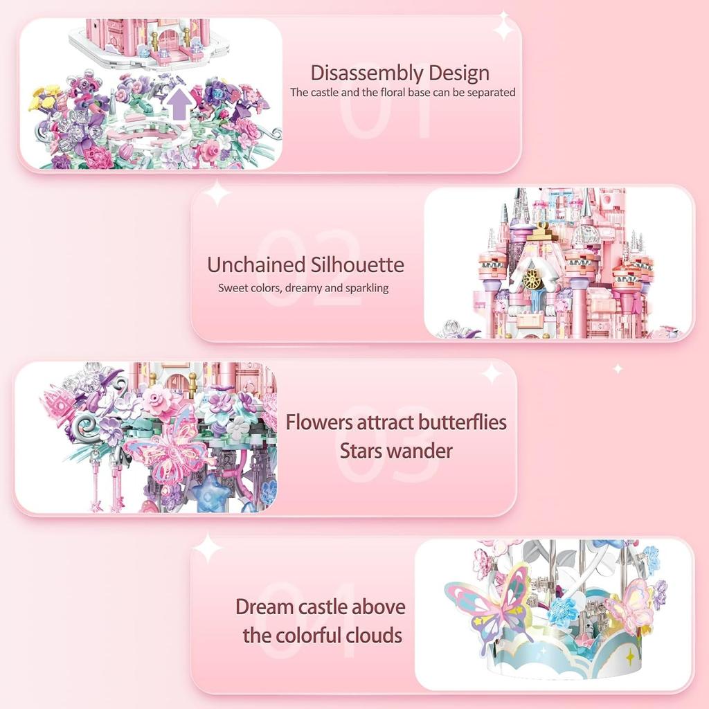 Flower Castle Building Blocks Set,Dream Castle On a Cloud Particle Construction Building Bricks Toy,Flowers Butterfly Star Castle Home Decoration