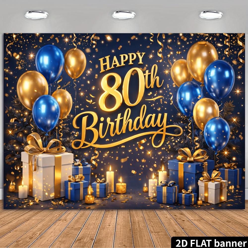 2D plane 80th birthday party banner background - navy blue background with golden Happy 80th Birthday theme 100x150cm