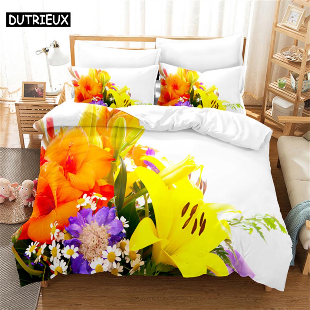 Beautiful Flowers Queen Bedding Set Duvet Cover Kids Bedroom Bed Set Comforter Cover Set King Size Duvet Cover Set Bedding Sets