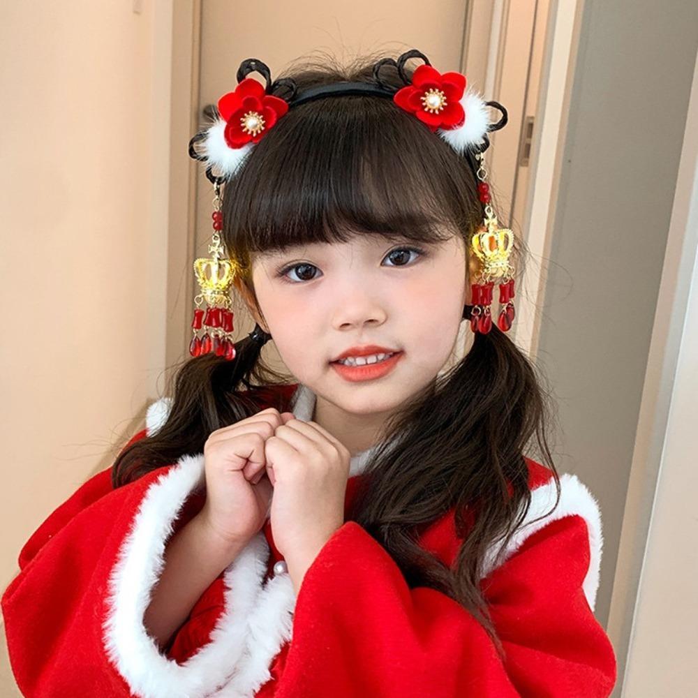 Flower Tassel Hanfu Wig Headband Chinese Style New Year Headdress  Children
