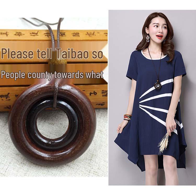 Retro Leather Rope Necklace with Wooden Alloy Pendant for Cotton and Linen Sweaters