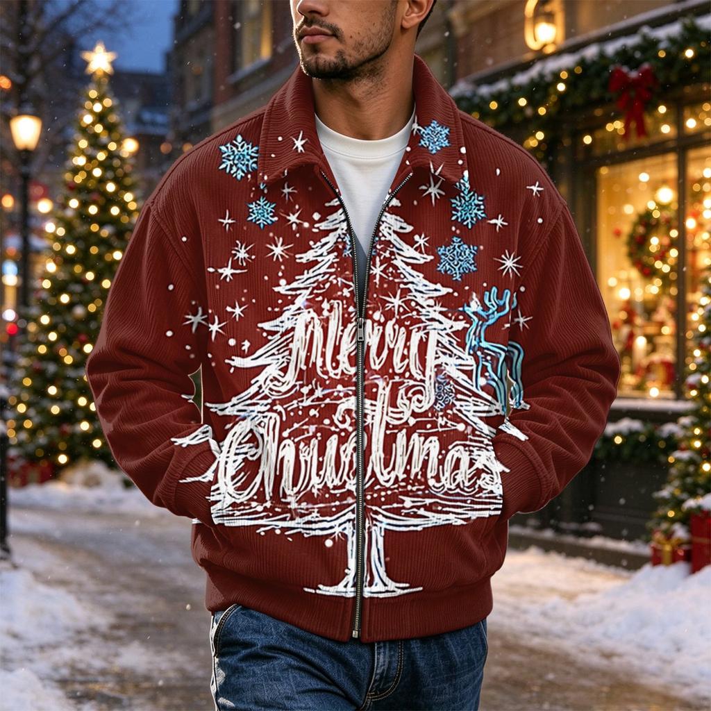 Men's Christmas Print Zip-Up Jacket, Loose Fit Casual Lapel Collar Outerwear for Holiday