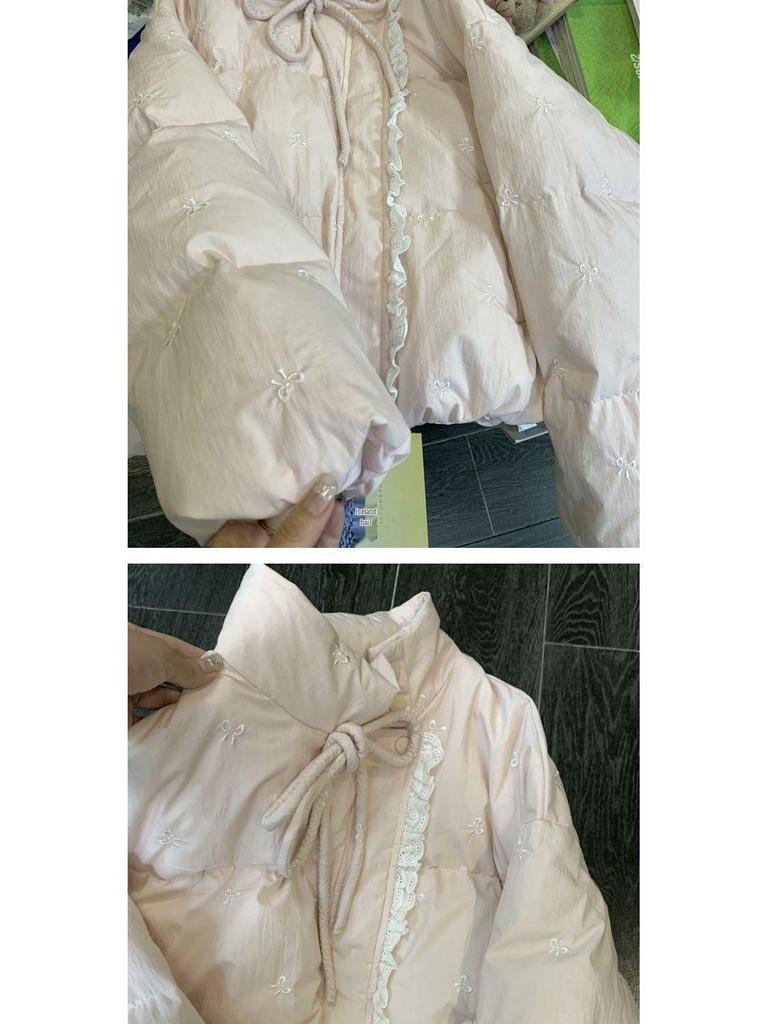 Women's Embroidered Bow Tie Stand Collar Lace Jacket – Winter Style, Warm Cotton Padded, Sweet Splicing Design