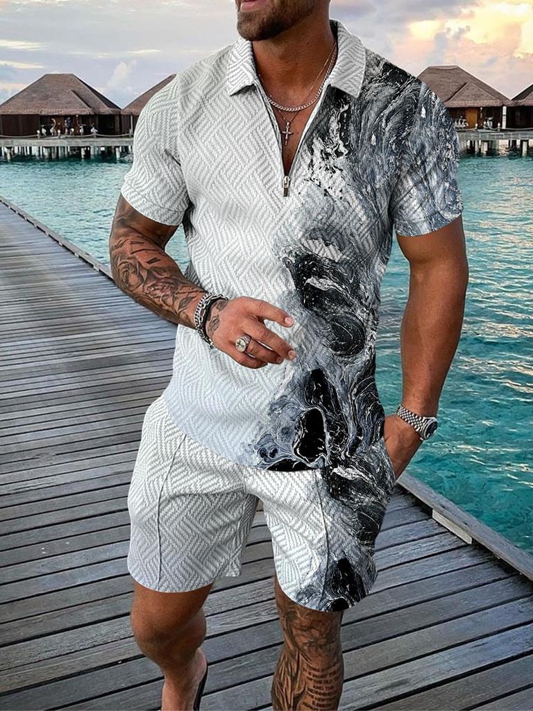2022 European and American Men's Clothing New Independent Station Supply Casual Contrasting Color POLO Zipper Lapel Shirt Short-sleeved Set