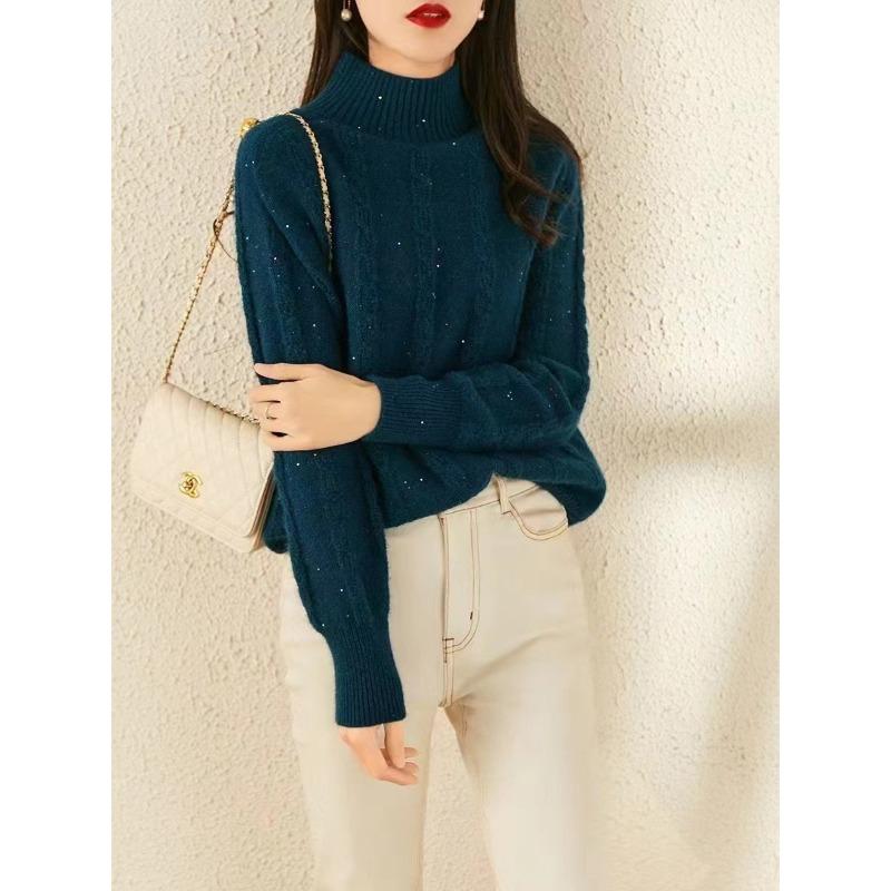 

New red fine flash versatile soft waxy knitted sweater women s autumn and winter new loose and thin semi-turtleneck pullover sweater thick One size темно-синий