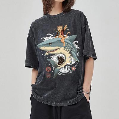 Japansk Slitt Stil Tegneserie Hai Trykk Dame T-skjorte Vasket Denim Oversized Unisex Halvarmet Otaku Søt Topp
