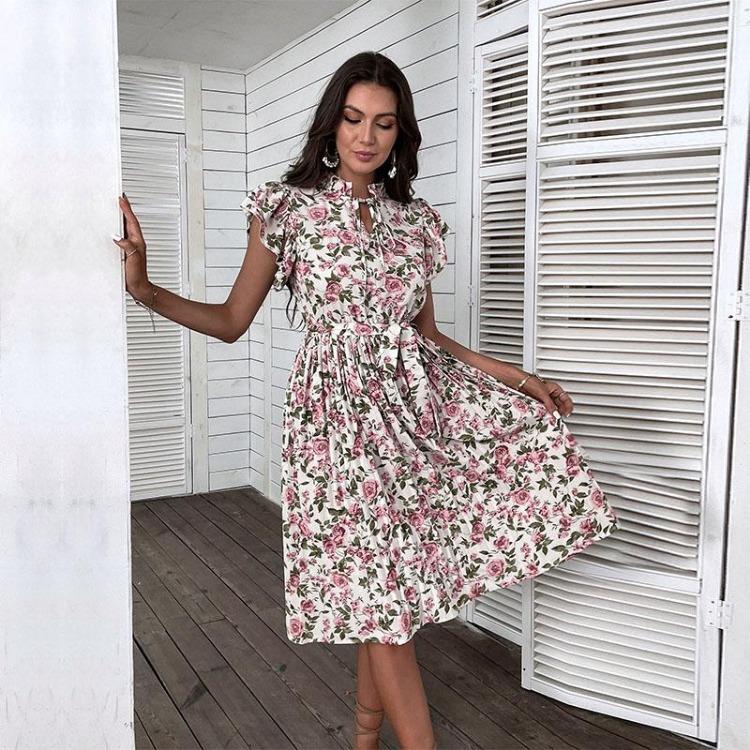 Vintage Summer Women Floral White V Neck Short Sleeve A Line Dress Medium Long Chic Sizes S XXL