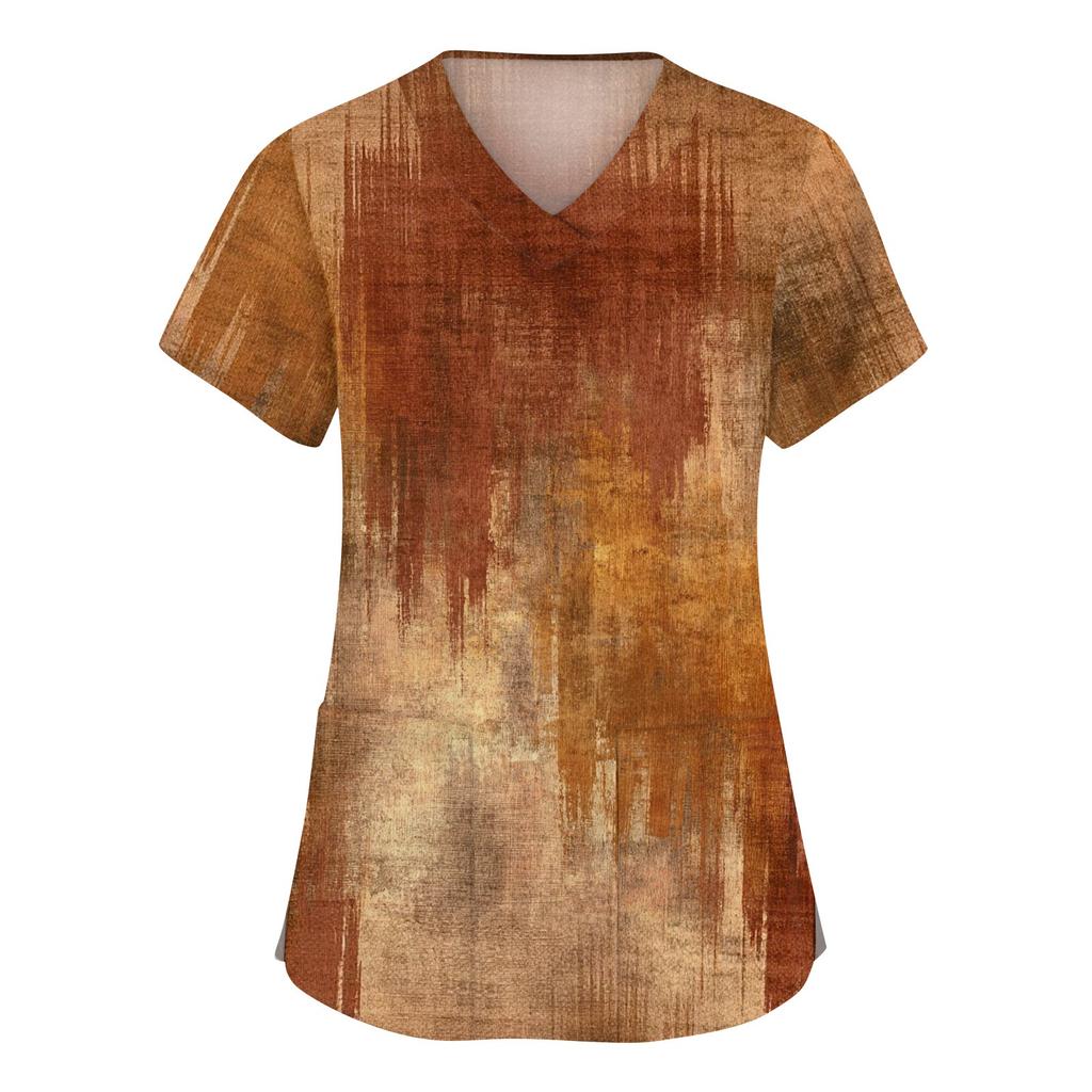 Damesmode werkkleding met V-hals, korte mouwen en bedrukte zakken