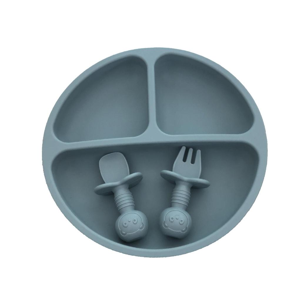 Silikon Smiley-Gesicht Kinderplatte mit unterteilten Abschnitten, Gabel- und Löffelset