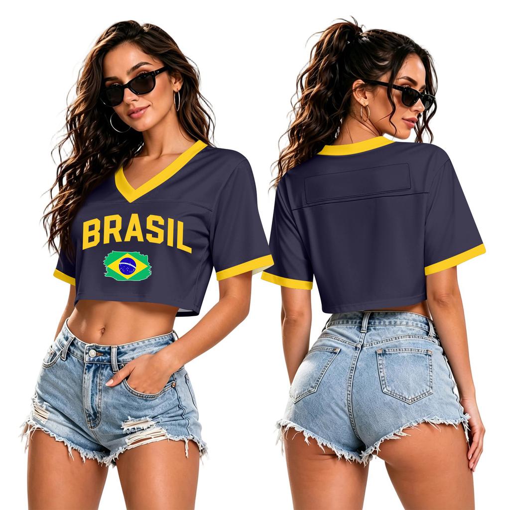 Crop Top Femme Col en V Manches Courtes Imprimé USA Coupe Ample T-shirt pour Événements Sportifs et Usage Quotidien Tissu Confortable