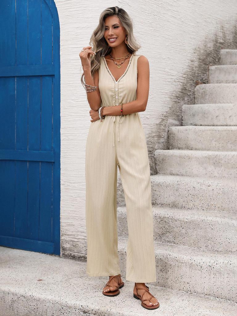 2026 Frühling/Sommer V-Ausschnitt Ärmellos Jumpsuit mit hoher Taille - Europäischer & Amerikanischer Resort Lässiger Stil für Damen