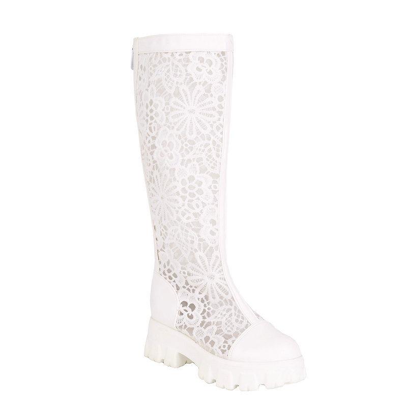 Versatile Platform Mesh Round Toe Thick Sole Long Boots, Slimming High Top, Plus Size 34-43