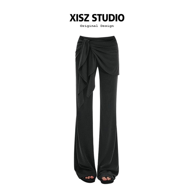 

American Retro Stylish Lace-up Fart Curtain Bootcut Trousers Women s Autumn High Waist Slim Looking Drape Casual Mop Pants Gray [High Quality] S