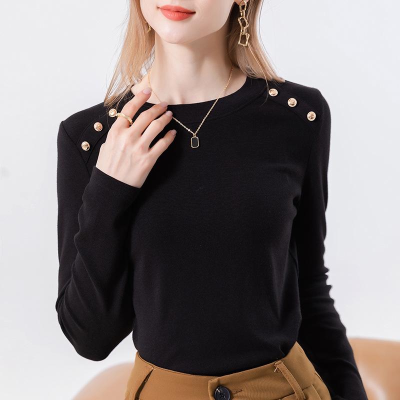 Button Design Imitation Cashmere Bottoming Shirt Women's Round Neck Summer Wear New Women's Wear Slim T-shirt Women's Top