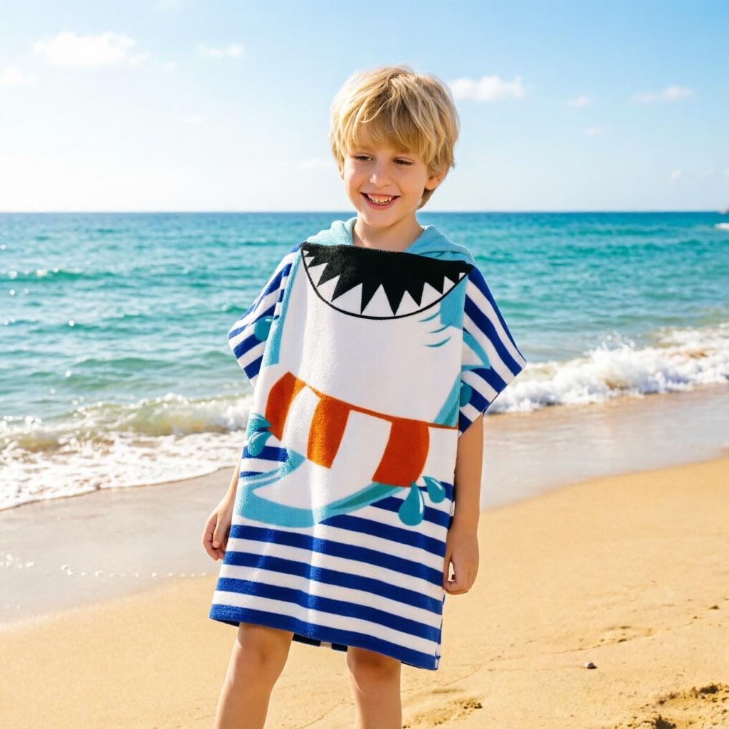Ultra-Fine Fiber Cartoon Print Kids' Hooded Bath Towel Poncho