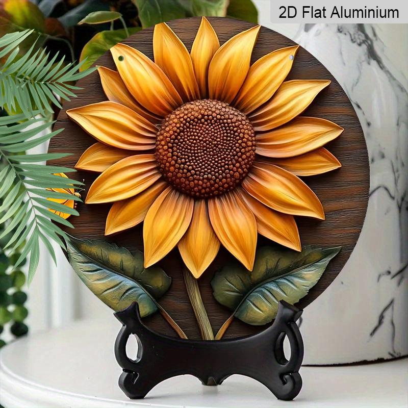 2D Flat Aluminum 7.87 Inch X 7.87 Inch Sunflower Pattern Wall Decoration, Rustic Style, Suitable for Gardens, Farmhouses, Cafes, Living Rooms