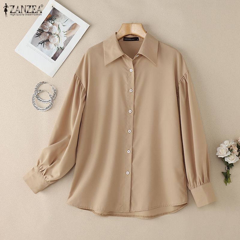 ZANZEA Lässige Bluse mit Umlegekragen und einfarbigen Langarmshirts für Damen