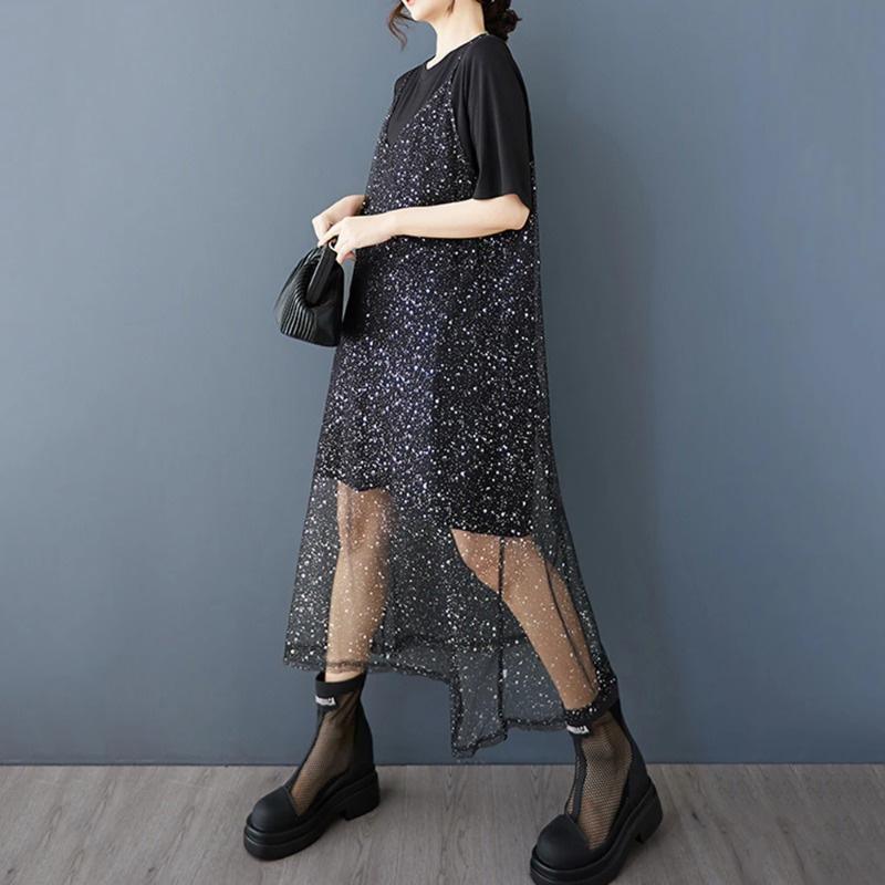 XITAO Mesh Sequin Short Sleeve Dress ZMY1194