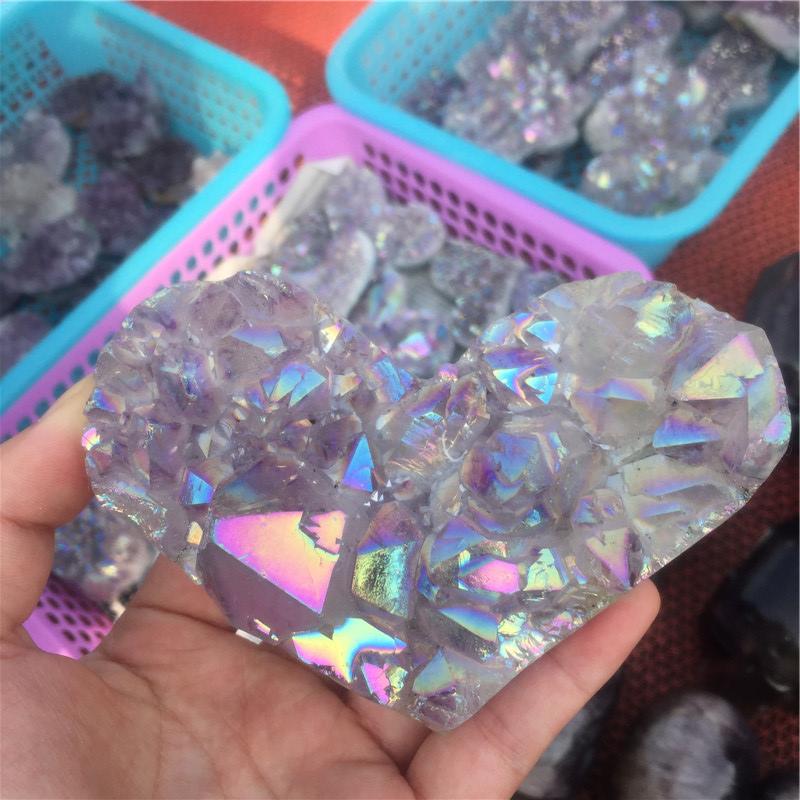 1pcs Amethyst Geode Heart Shaped Crystal Healing Crystals Stones Titanium Rainbow Aura Amethyst Cluster Angel Aura Quartz