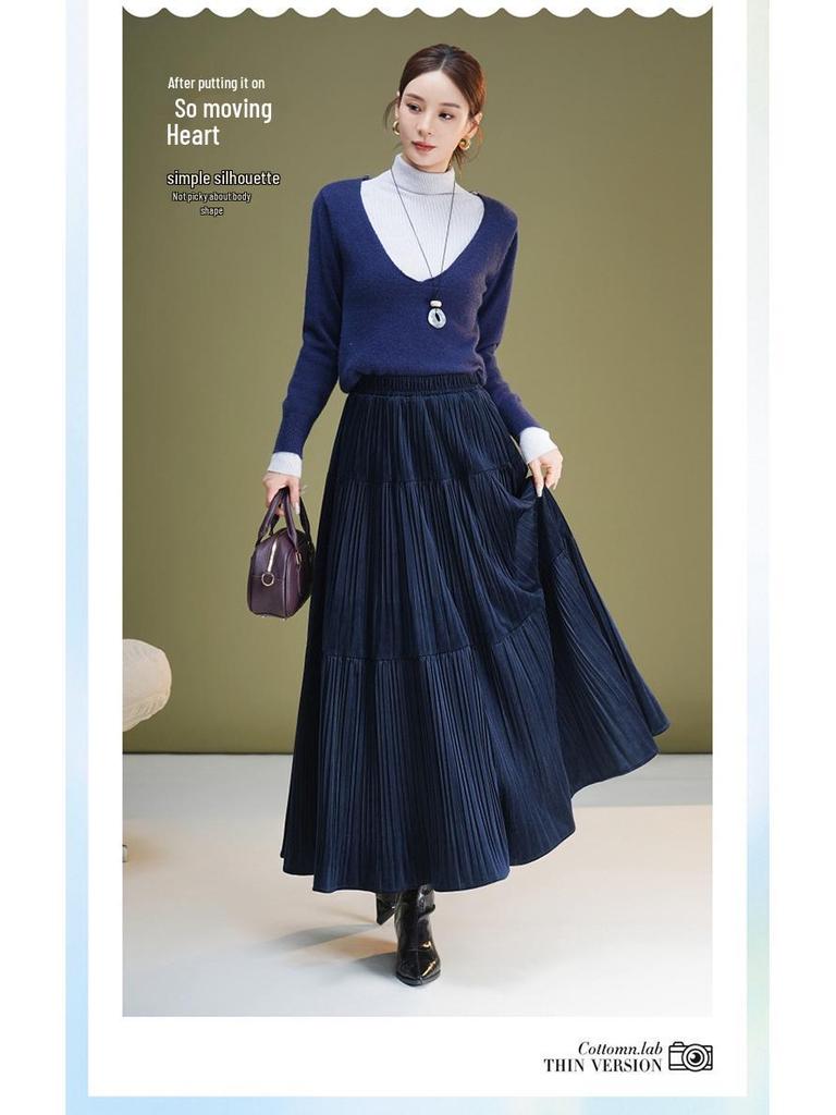 Brand Velvet A-Line Midi Skirt: Women's 2025 Autumn/Winter Elastic Waist, Slimming, Fashionable, Versatile Long Skirt