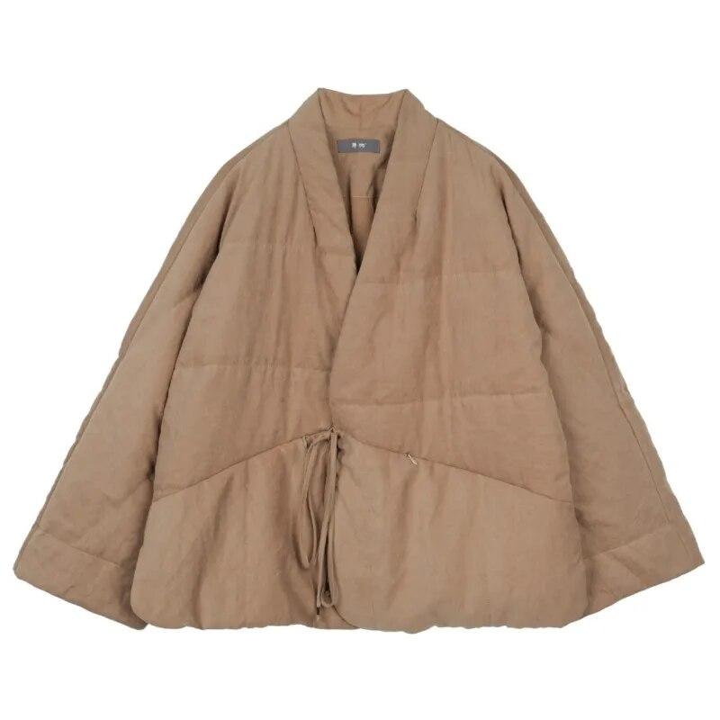 Johnature Dam Vintage Plus Bomullsparkas V-ringning Långärmad Enfärgad Kinesisk Stil Vinterrockar Knäppta Parkas