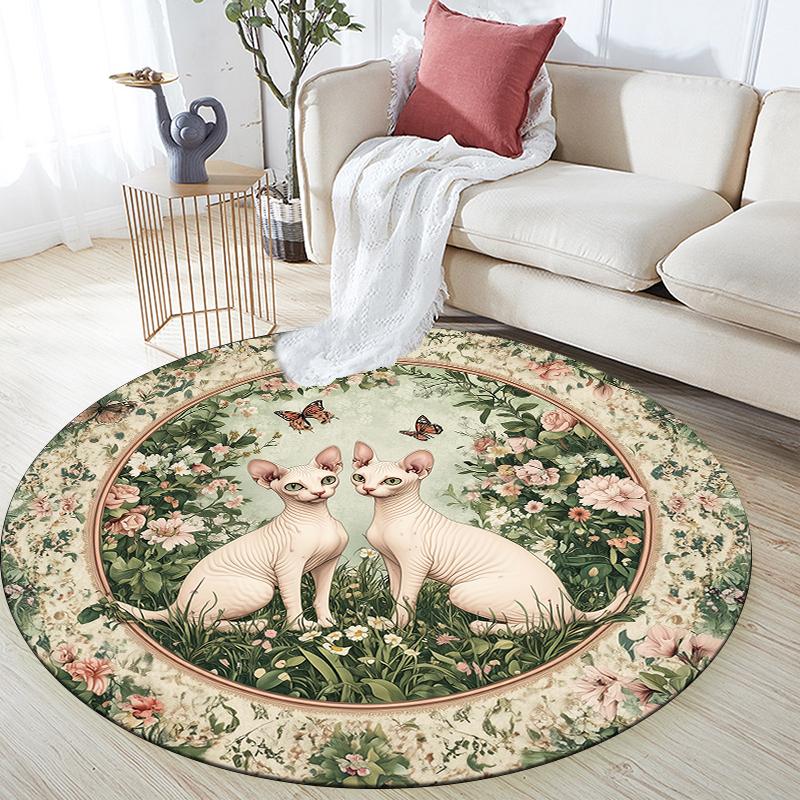 Sphynx Cat and Flowers pattern round rug,Carpet Rug for Living Room Bedroom Sofa Playroom Decor,Non-slip Floor Mat,Holiday Gifts and Birthday Gifts