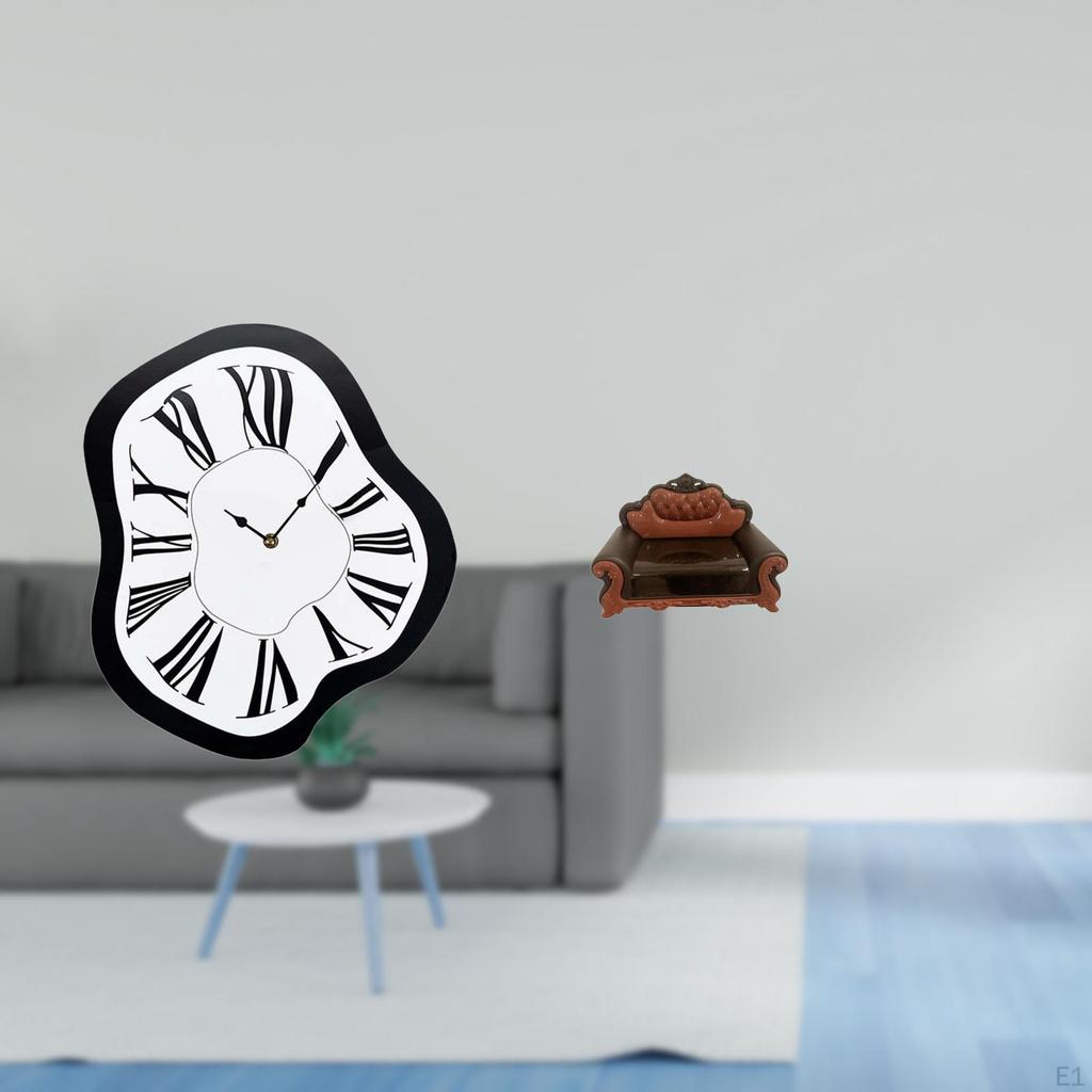 Acrylic Creative Melting Wall Clock with Miniature Sofa Chair Model Unique Distorted Desktop