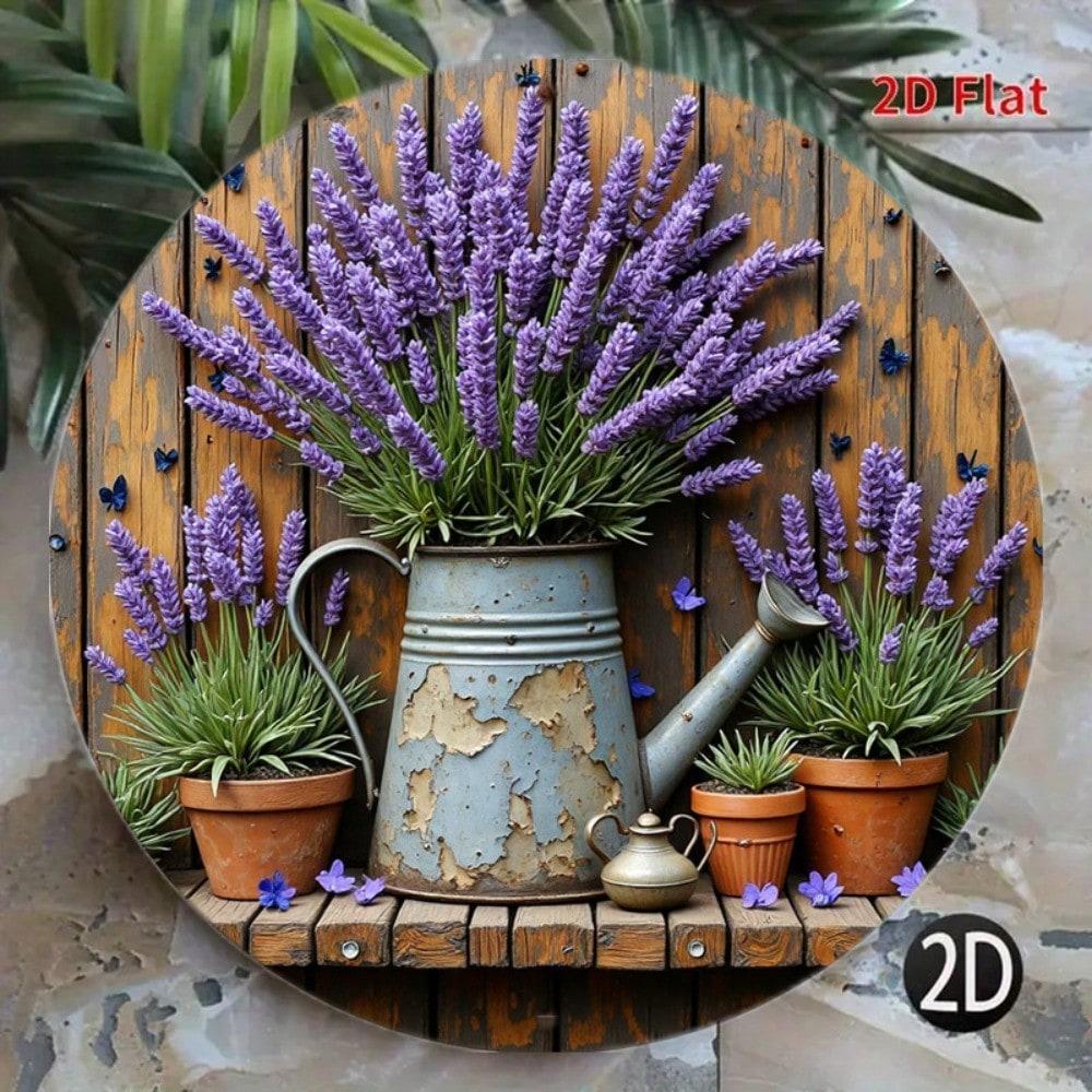 Rustic Farmhouse Round Lavender Wall Decor Metal Art Sign For Outdoor Garden