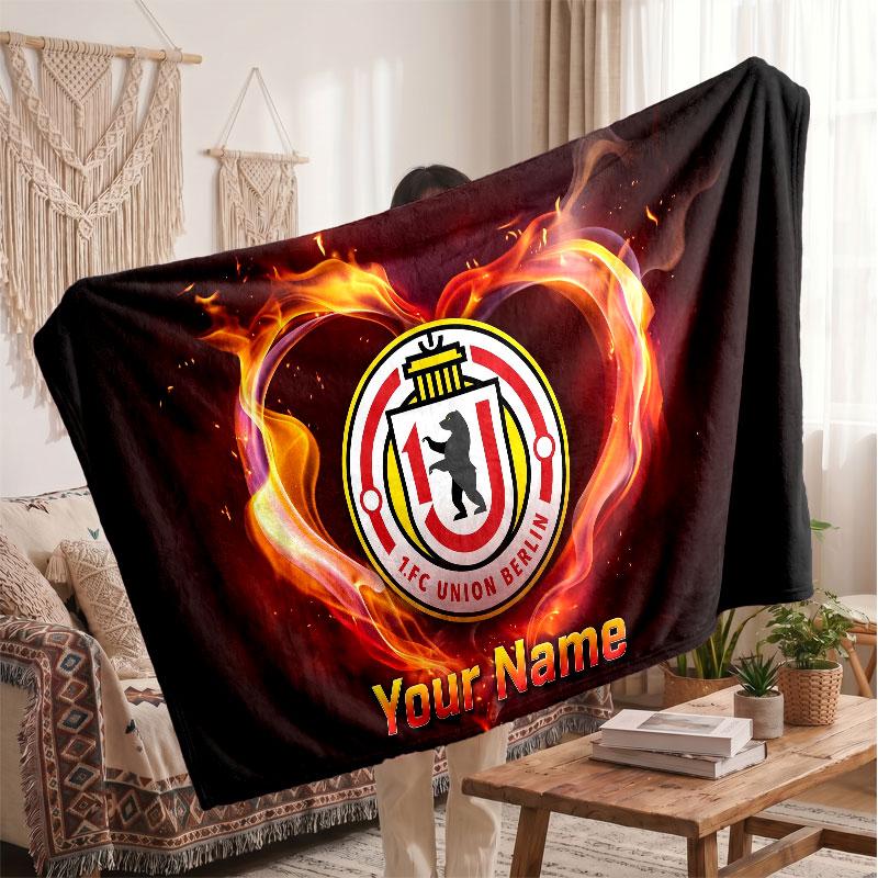 Union Berlin Personalisierte Fleecedecke Mit Fußballlogo, Individueller Name Text Weich Warm Home Überwurfdecke