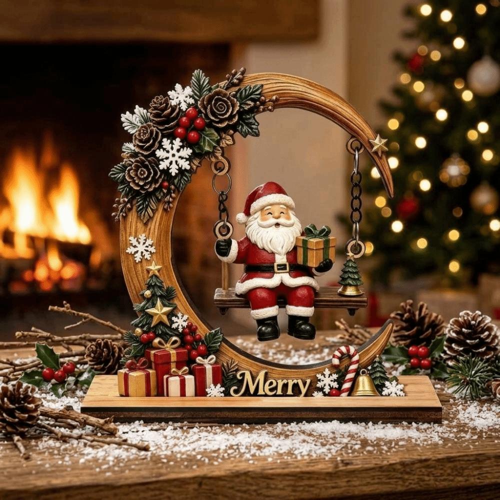 Moon Shape Christmas Ornaments Wooden Christmas Decoration Swing Santa Claus Decoration For Office