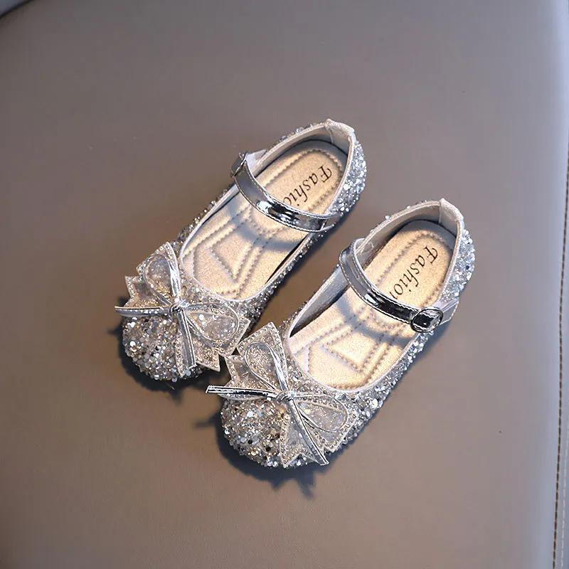 

Кожаная обувь для девочек, туфли принцессы, детские туфли с бантиком, нескользящая обувь для выступлений на мягкой подошве 36 серебряный