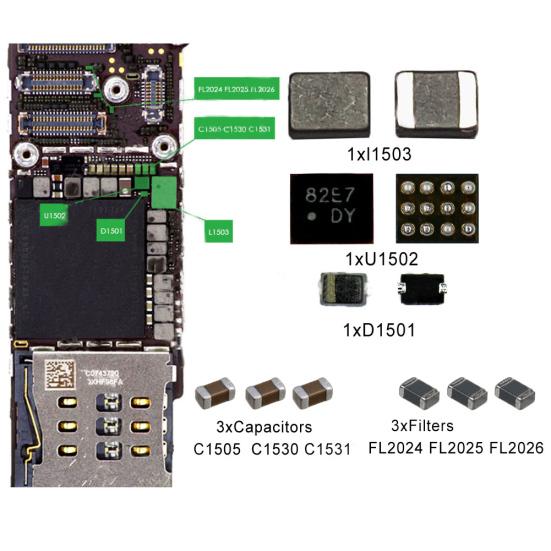 

Запчастини для ремонту підсвітки: діод + фільтри + мікросхема + котушка. Повний комплект для iPhone 5G/5S/6S/6