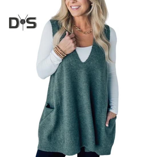 Women Sweater V-neck Sleeveless Solid Color Knitting Vest with Pockets Ribbed Trim Loose Fit Mid-length Casual Knitwear