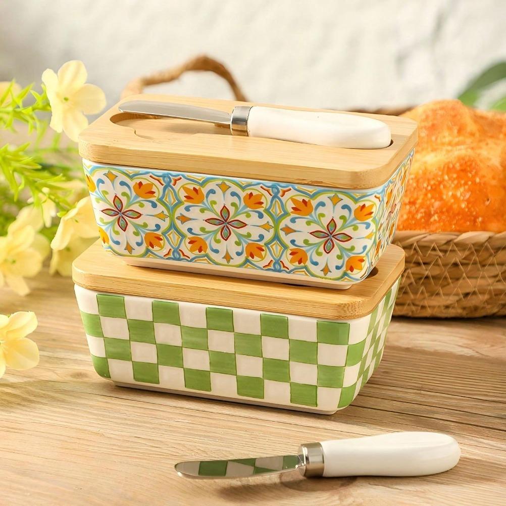Rural Style Ceramic Butter Box Cheese with Knife and Lid Storage Box Household Kitchen Organizers Cheese Storage Containers