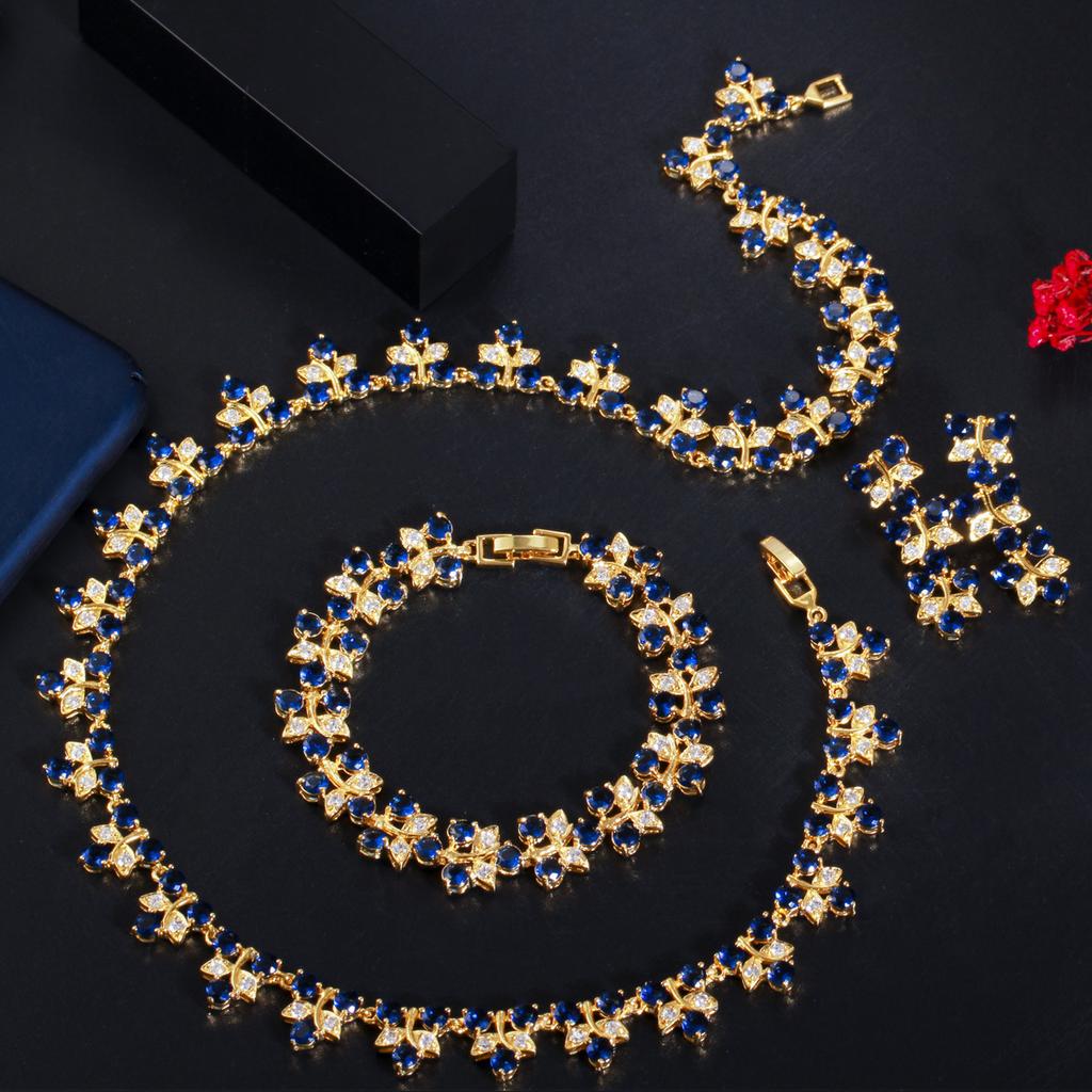 Bridal Flower Zircon Necklace Earrings Bracelet Three-Piece Jewelry Set Evening Dress Accessories