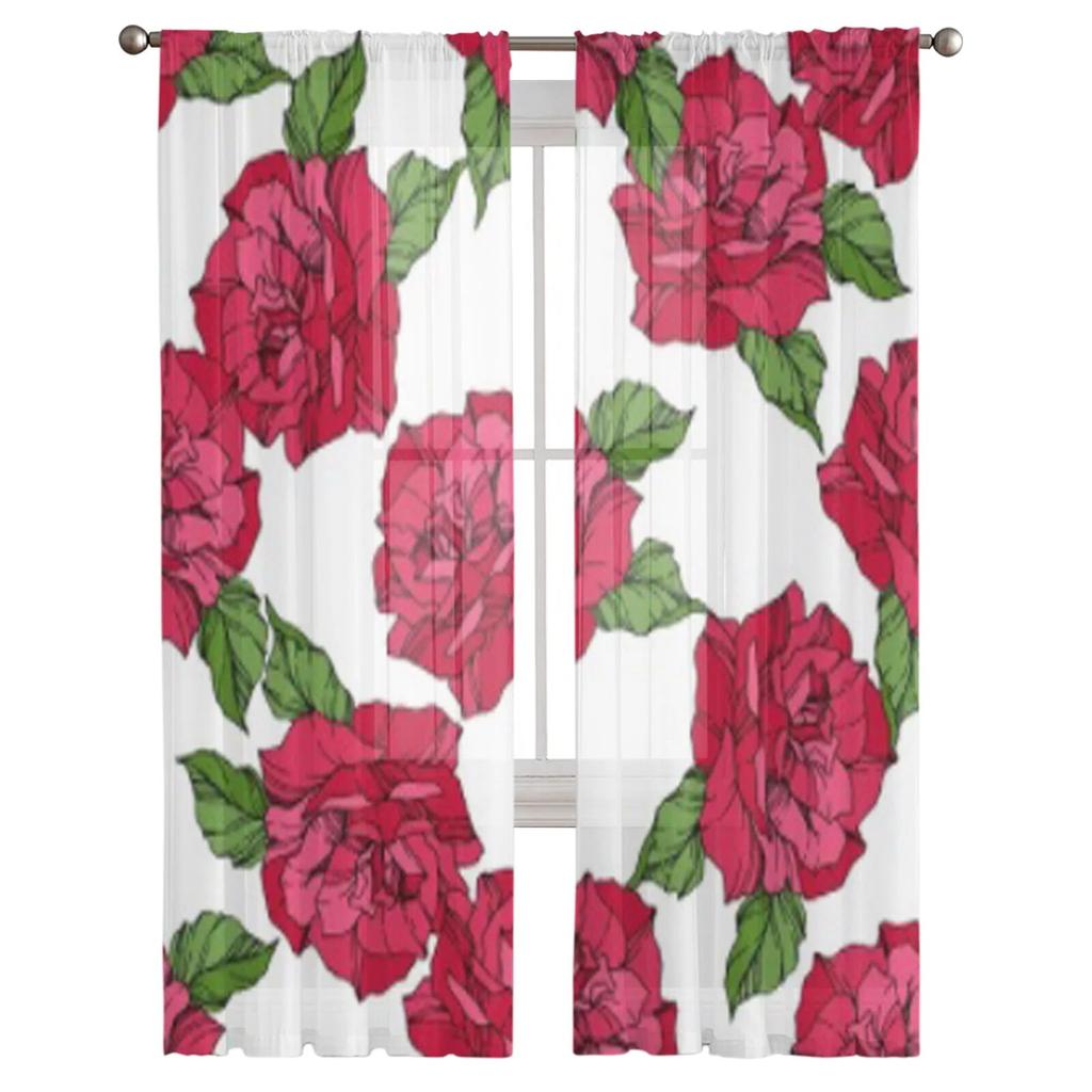 Spring Leaf And Flowers Sheer Curtains For Living Room Modern Fashion Valance Curtains For Kitchen Tulle Curtains