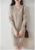 Women's V-Neck Mid-Length Cashmere Knit Dress - Loose Sheath Pullover, 100% Pure Cashmere